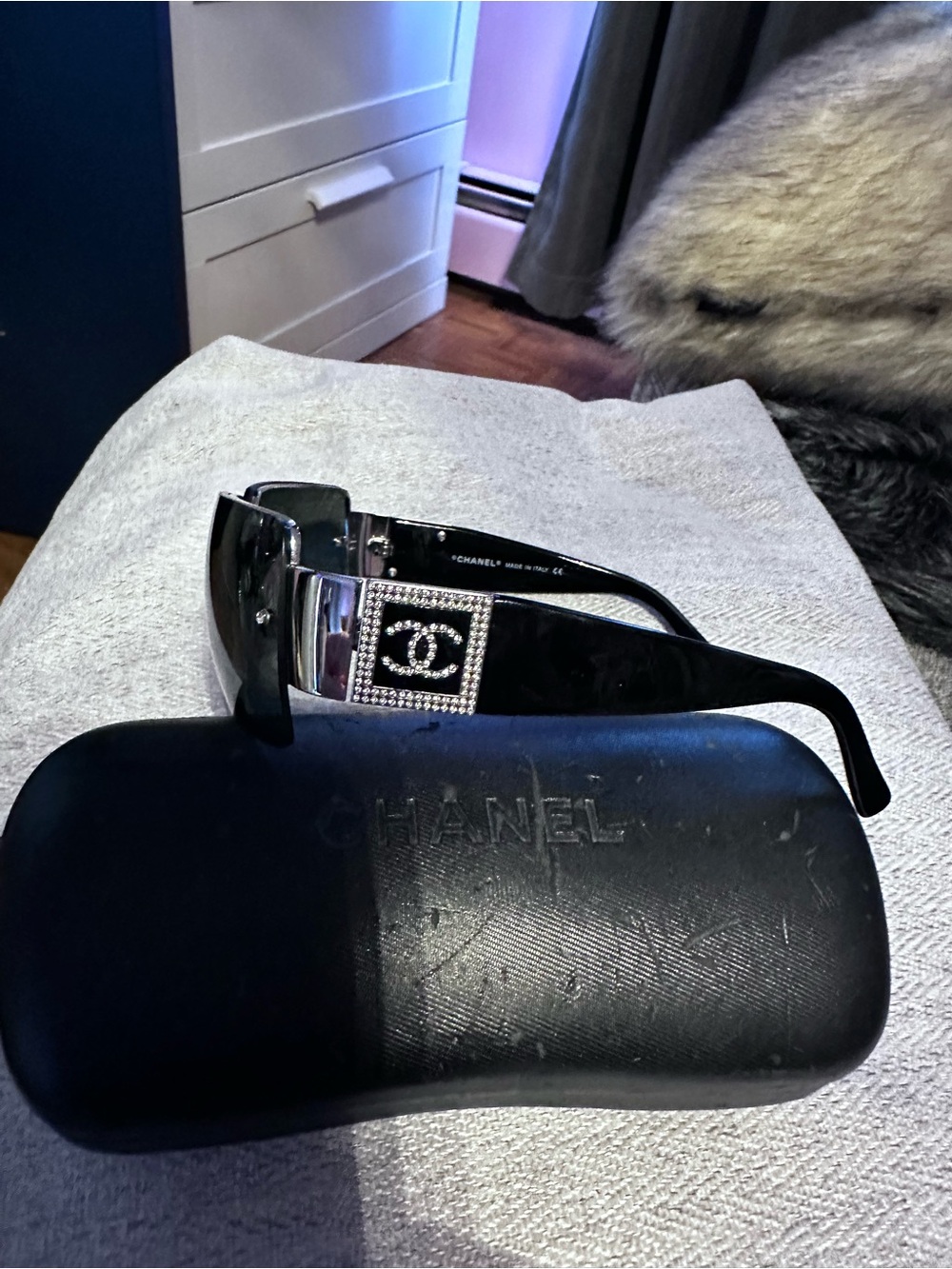 CHANEL Black Logo Crystal-Accent Sunglasses